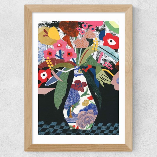 Colourful Floral Collage Still Life With Vase Wide Oak Frame
