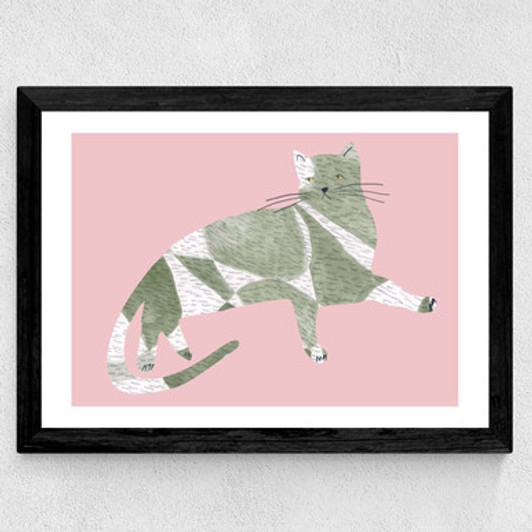Pink And Green Hand-drawn Cat Collage Wide Black Frame