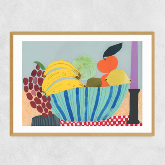 Still Life Colourful Fruit Bowl Collage Narrow Oak Frame