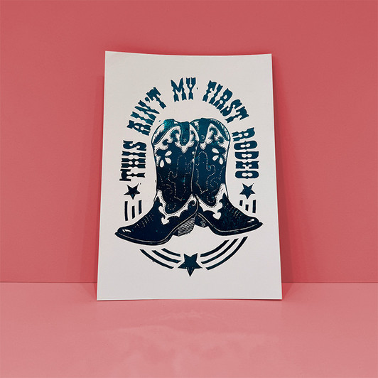 Turquoise Rodeo Cowboy Boot Metallic Foil Unframed Print