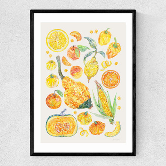 Yellow Harvest Of Fruit And Vegetables Narrow Black Frame