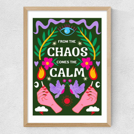 Chaos Calm (Green) Medium Oak Frame
