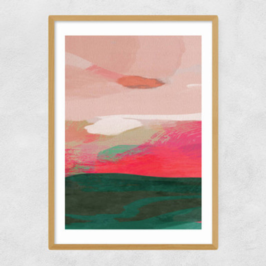 Green and Pink Abstract II Narrow Oak Frame