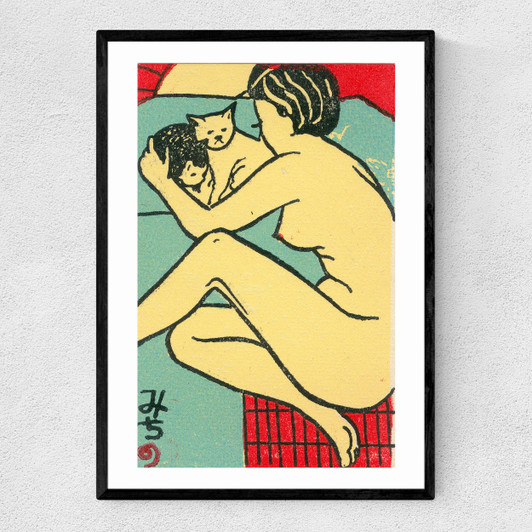 Geisha with cats Matchbox Narrow Black Frame