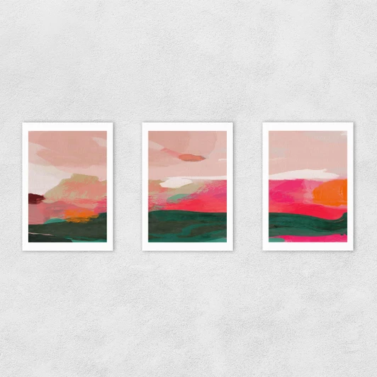 Green and Pink Abstract Triptych