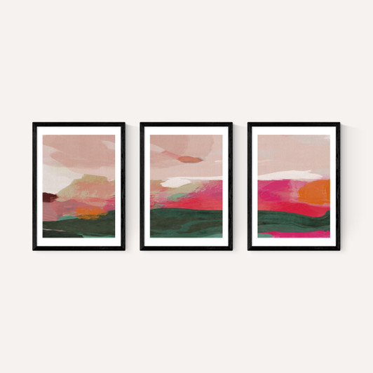 Green and Pink Abstract Triptych