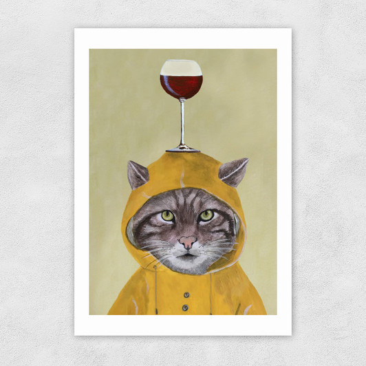 Raincoat Cat With Wineglass Unframed Print