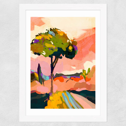 Sundown With Tree Wide White Frame