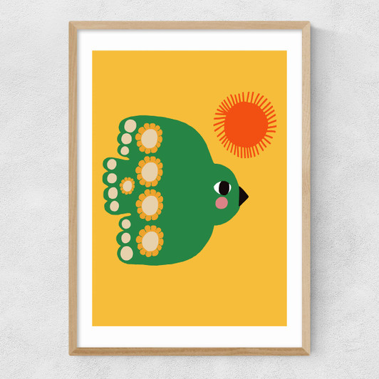 Green Flying Bird Narrow Oak Frame