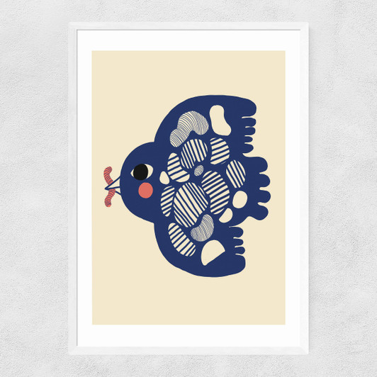 Bird With Worm Narrow White Frame