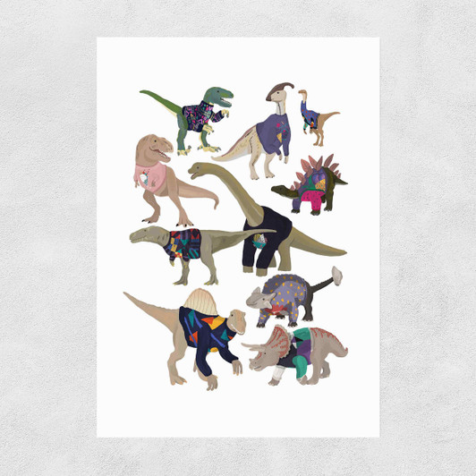 Dinosaurs in 80s Jumpers Unframed Print