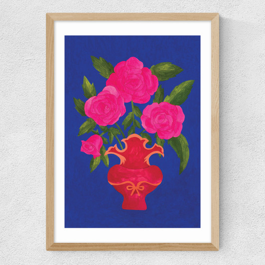 Blue Floral Vase Medium Oak Frame