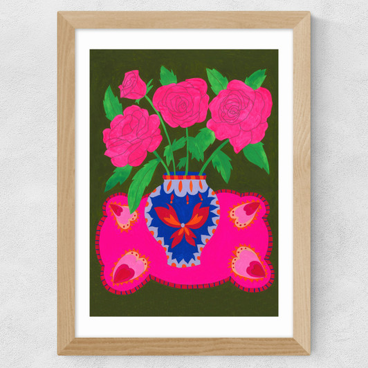 Bright Pink Floral Vase Wide Oak Frame