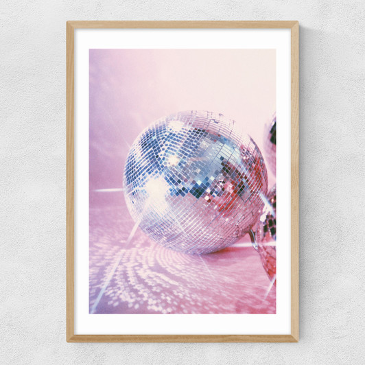 Pink Disco Ball Narrow Oak Frame