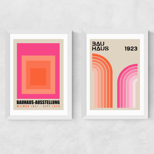 Pink and Orange Bauhaus Set Medium White Frame
