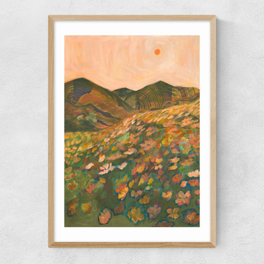 Pastel Poppy Landscape Narrow Oak Frame