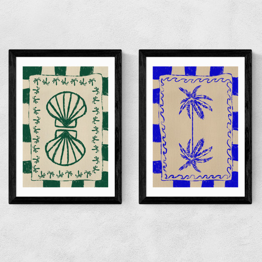Coastal Charm And Seashell Diptych Medium Black Frame