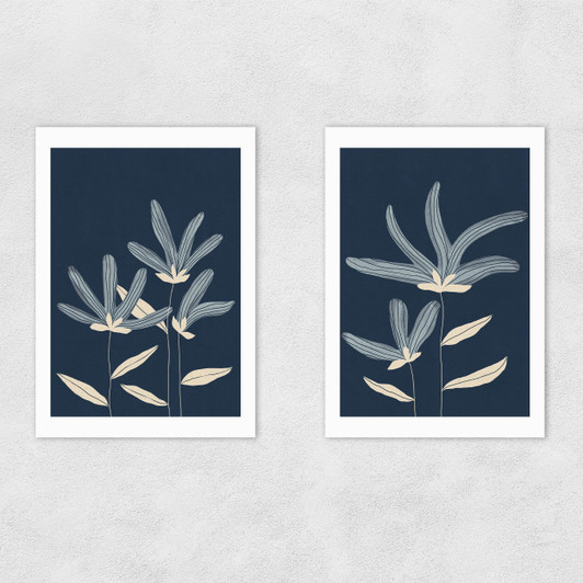 Navy Flowers Diptych Unframed Print