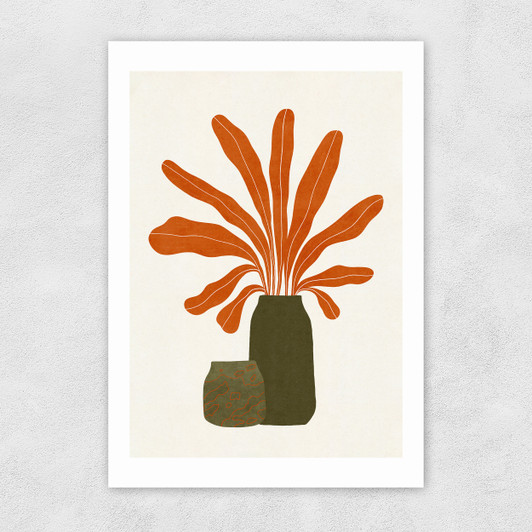 Two Green Vases & Orange Plant Unframed Print