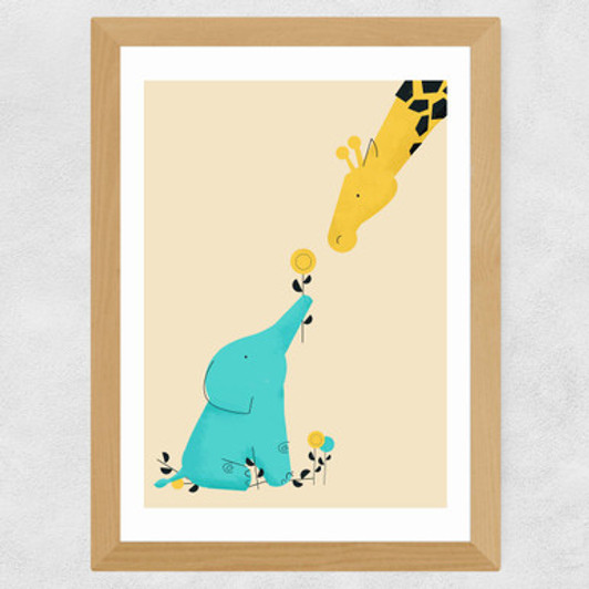 Baby Elephant and Giraffe Wide Oak Frame