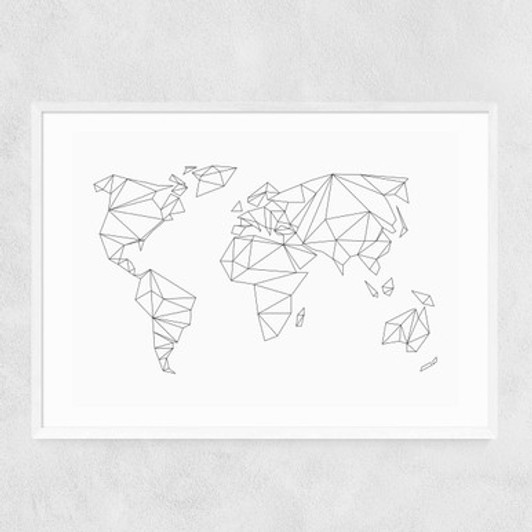 Geometric World Map White Narrow White Frame