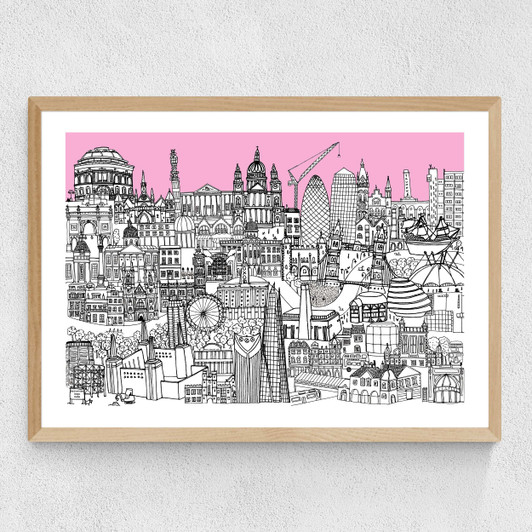 London Jungle Art Print (Pink) Medium Oak Frame