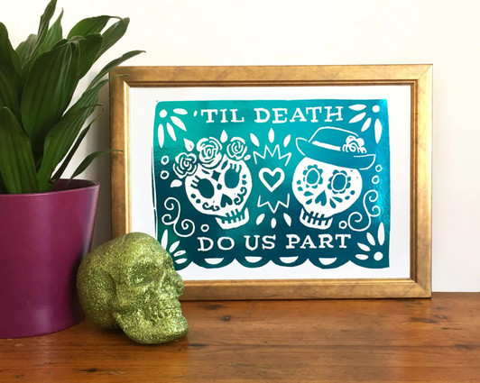 Day of the Dead Turquoise Skull Metallic Foil Unframed Print