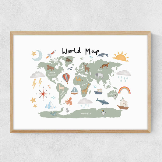 World Map in green Narrow Oak Frame