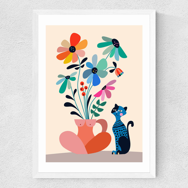Cat and Daisy Medium White Frame