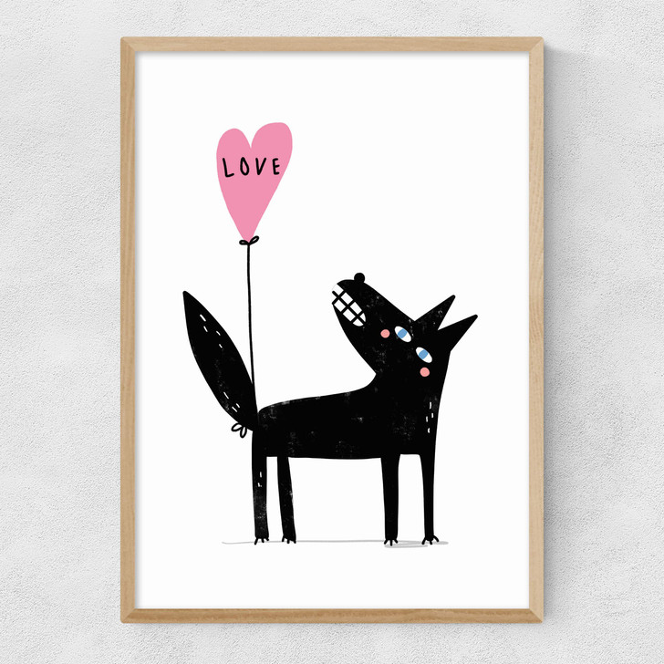 Wolf Balloon Love Narrow Oak Frame