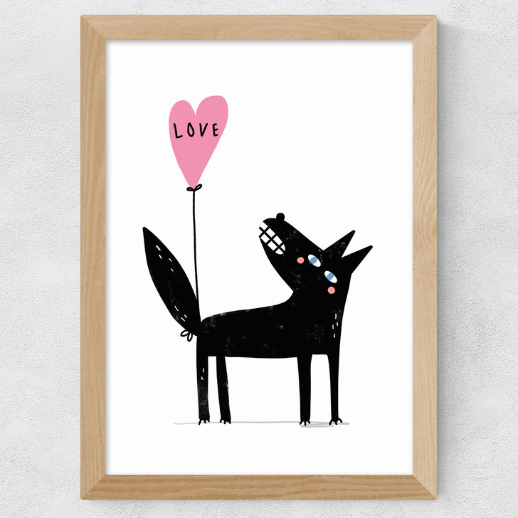 Wolf Balloon Love Wide Oak Frame