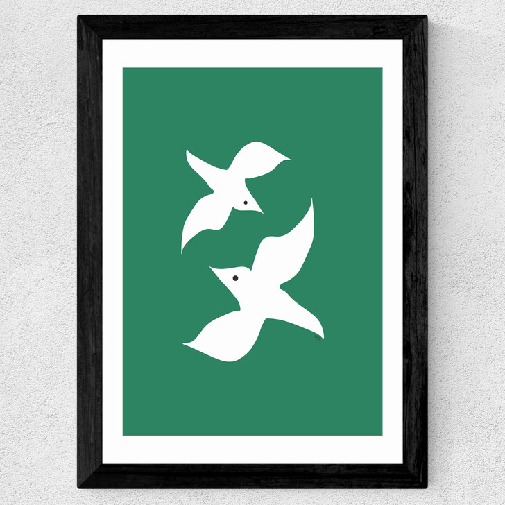 Love Birds In Green Wide Black Frame