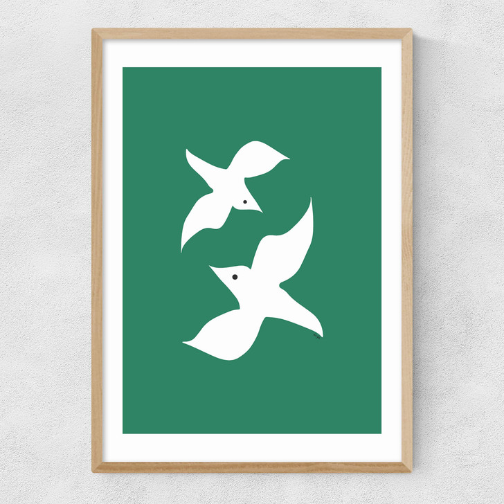 Love Birds In Green Narrow Oak Frame