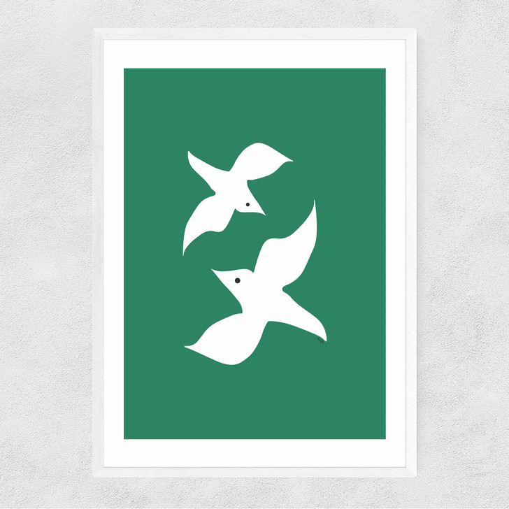 Love Birds In Green Narrow White Frame