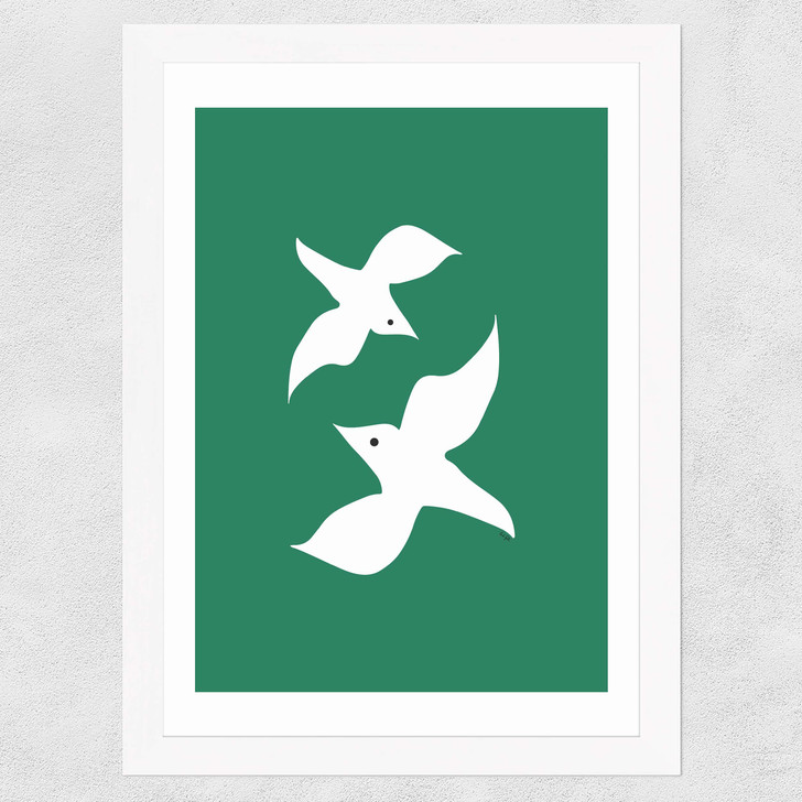 Love Birds In Green Wide White Frame