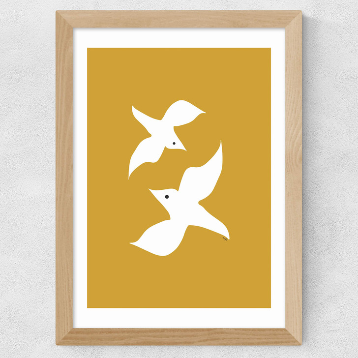 Love Birds In Mustard Wide Oak Frame Love Birds In Mustard Wide Oak Frame