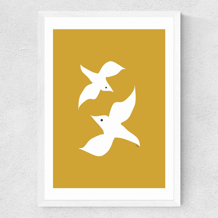 Love Birds In Mustard Medium White Frame Love Birds In Mustard Medium White Frame