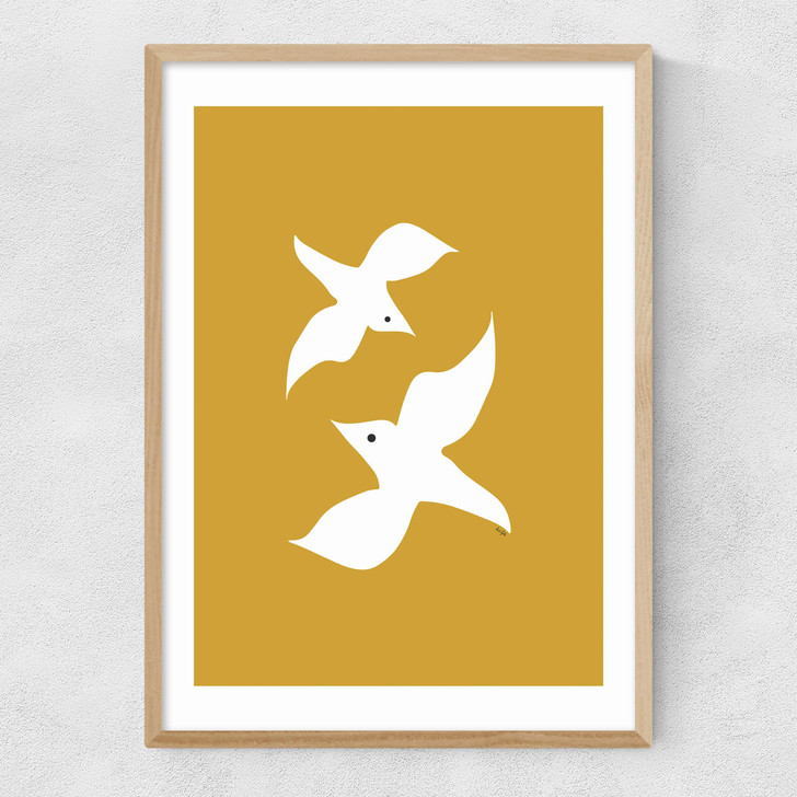 Love Birds In Mustard Narrow Oak Frame