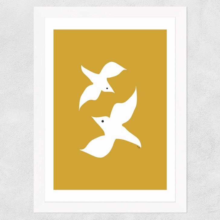 Love Birds In Mustard Wide White Frame