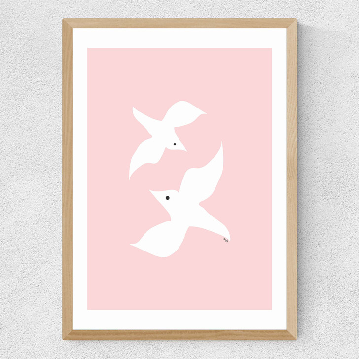 Love Birds In Pink Medium Oak Frame Love Birds In Pink Medium Oak Frame