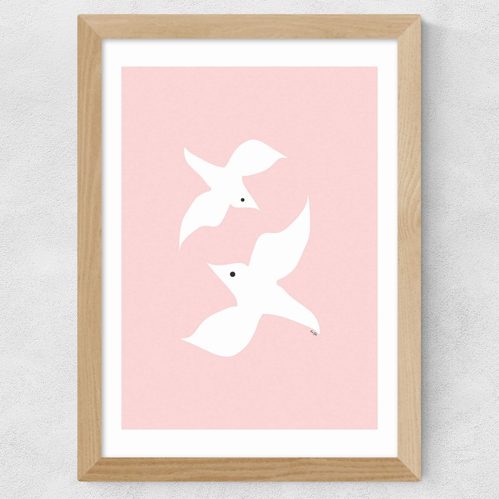 Love Birds In Pink Wide Oak Frame Love Birds In Pink Wide Oak Frame