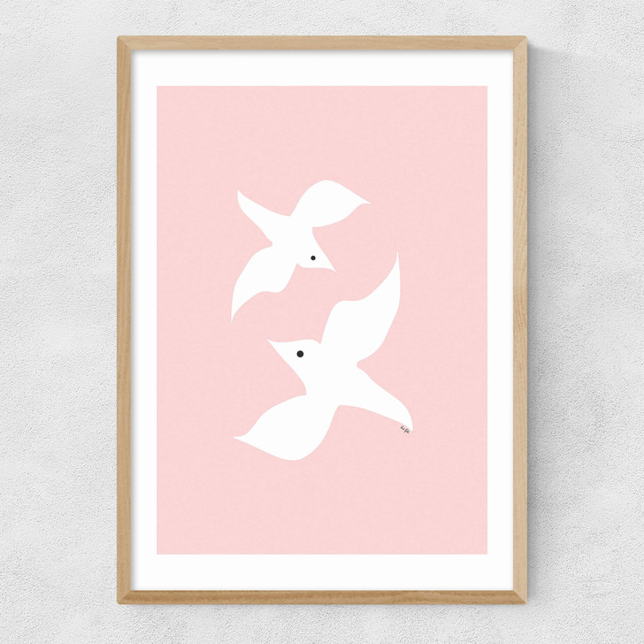 Love Birds In Pink Narrow Oak Frame