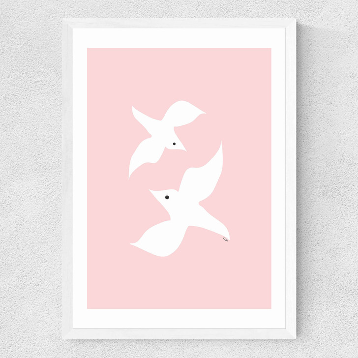 Love Birds In Pink Medium White Frame