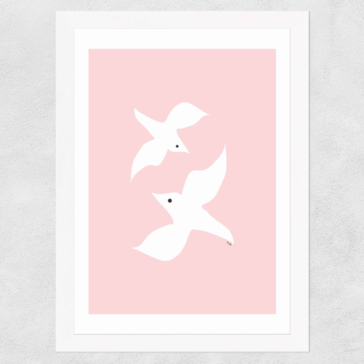 Love Birds In Pink Wide White Frame