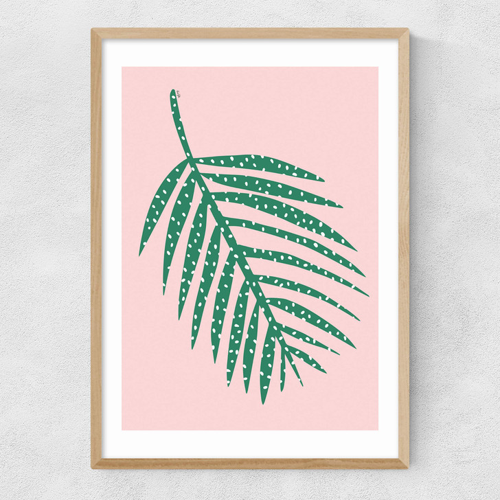Polka Dot Leaf In Pink Narrow Oak Frame