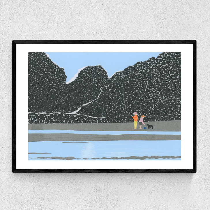 Blue Beach Coastline Sea Collage With People And Dog Narrow Black Frame Blue Beach Coastline Sea Collage With People And Dog Narrow Black Frame