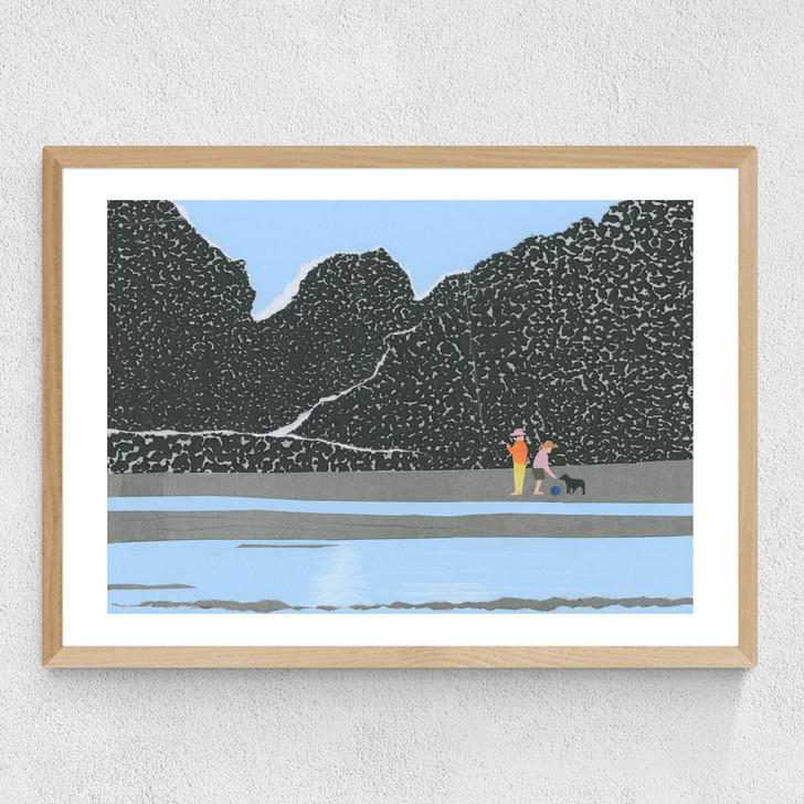 Blue Beach Coastline Sea Collage With People And Dog Medium Oak Frame Blue Beach Coastline Sea Collage With People And Dog Medium Oak Frame