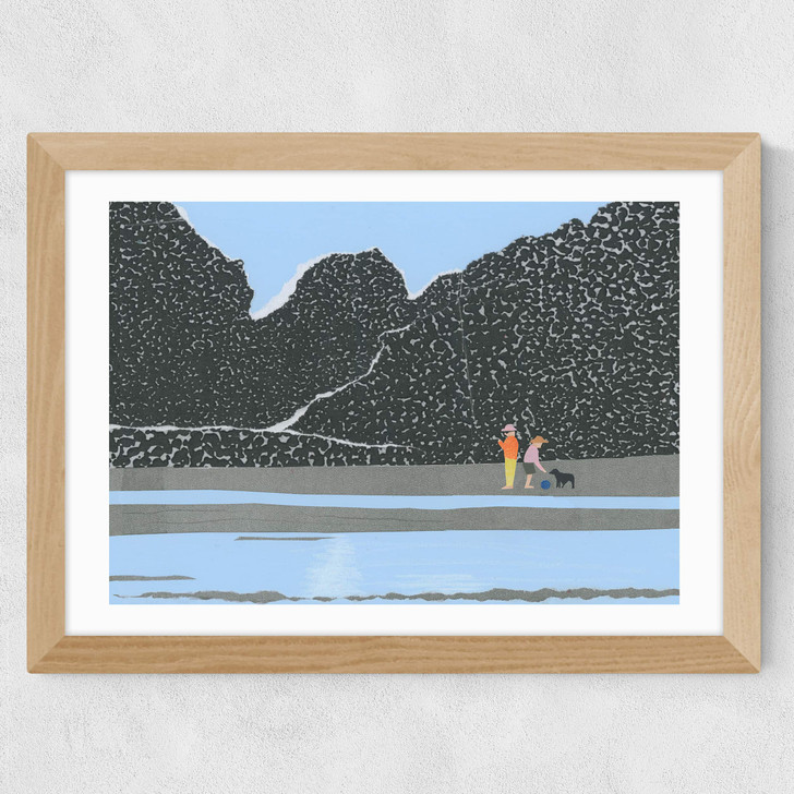 Blue Beach Coastline Sea Collage With People And Dog Wide Oak Frame Blue Beach Coastline Sea Collage With People And Dog Wide Oak Frame