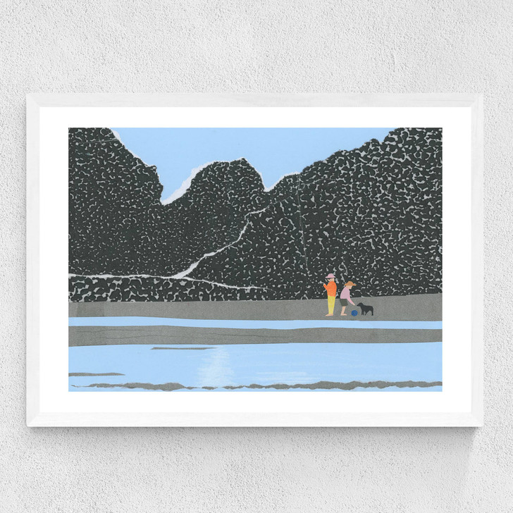 Blue Beach Coastline Sea Collage With People And Dog Medium White Frame Blue Beach Coastline Sea Collage With People And Dog Medium White Frame