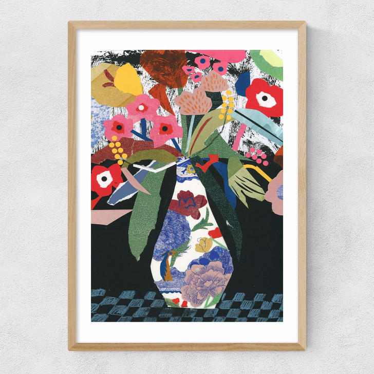 Colourful Floral Collage Still Life With Vase Narrow Oak Frame Colourful Floral Collage Still Life With Vase Narrow Oak Frame
